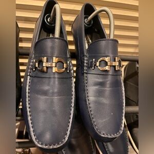 Salvatore Ferragamo Dark Blue Leather Loafers with Gold Accent